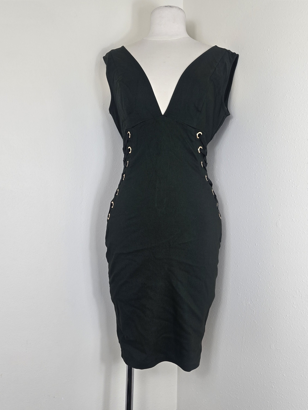 iris Black V-Neck Lace-Up Midi Dress